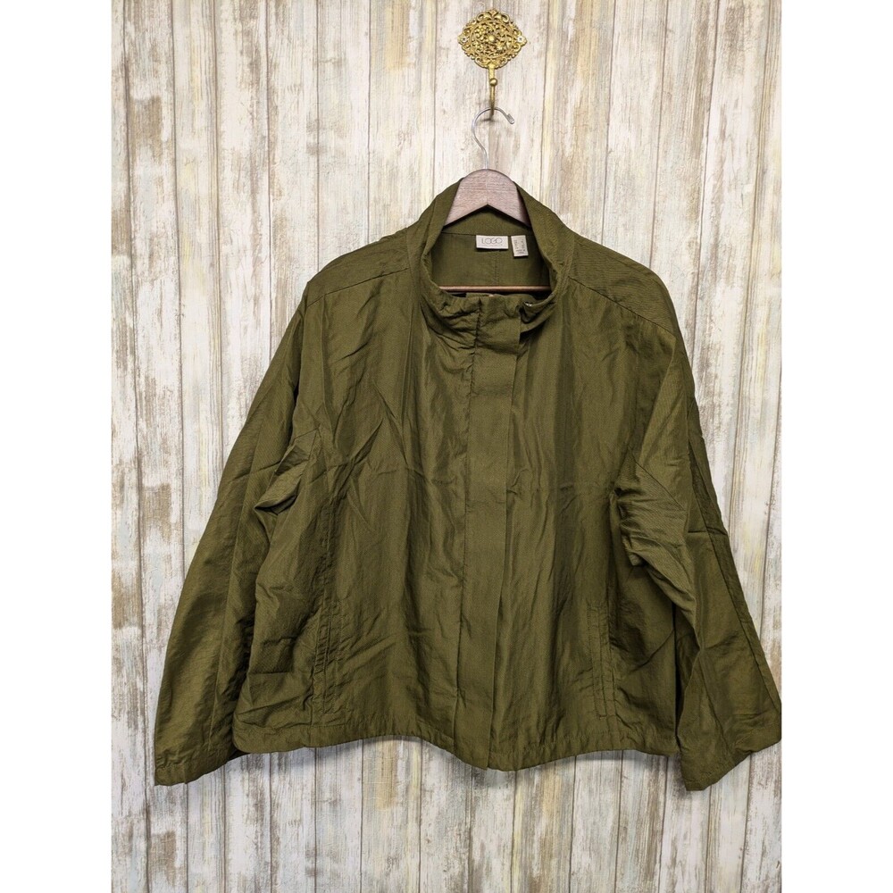 Logo Lori Goldstein Nylon Zip Front Jacket Dark Olive Pockets Drawstring Large